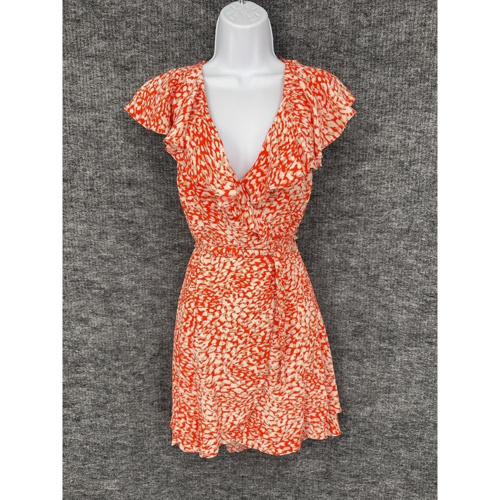 Free People Dress Womens XS Orange Animal Print Wrap Ruffle Tie Waist Short‎
